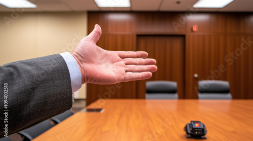 Fire alarm detection and response concept. hand gesturing in corporate meeting room, inviting discussion photo