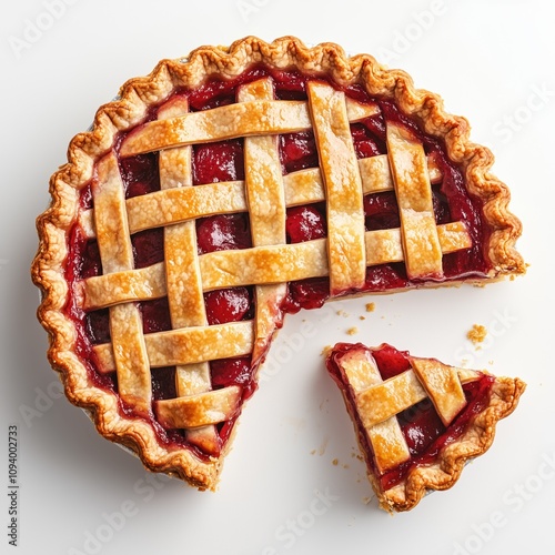 Cherry Pie Perfection A classic lattice-top cherry pie, freshly baked and ready to be devoured. The warm, inviting colors and the single slice missing evoke a sense of comfort and indulgence. 