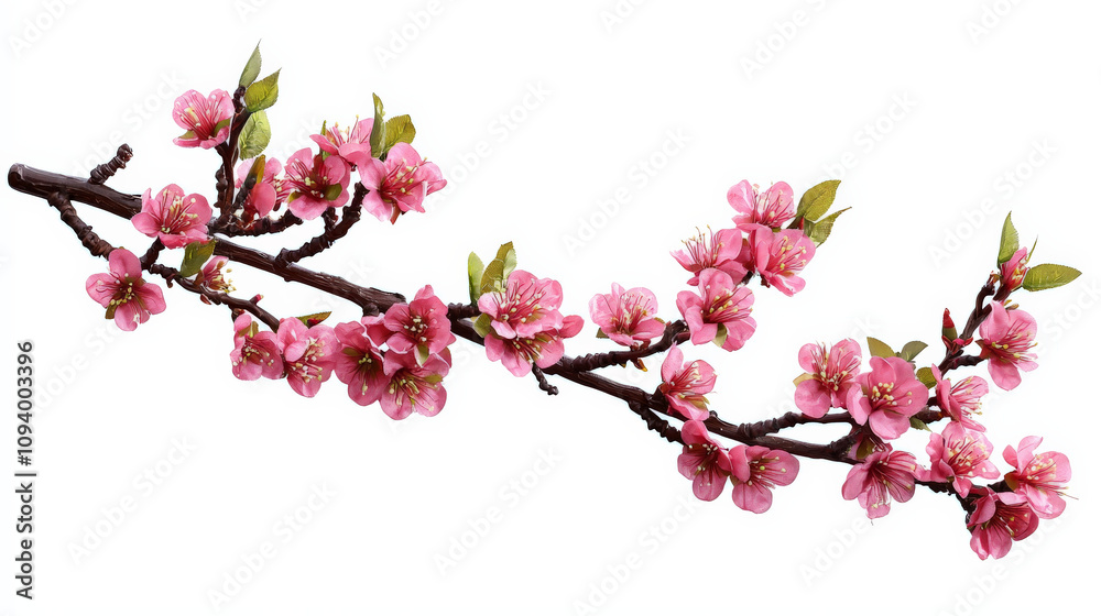 Soft pink cherry blossom branch with delicate flowers and green leaves, creating serene and beautiful natural display. Perfect for spring themed decor or floral arrangements Soft pink cherry blossom branch with delicate flowers and green leaves, creating serene and beautiful natural display. Perfect for spring themed decor or floral arrangements