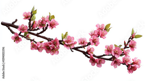 Soft pink cherry blossom branch with delicate flowers and green leaves, creating serene and beautiful natural display. Perfect for spring themed decor or floral arrangements