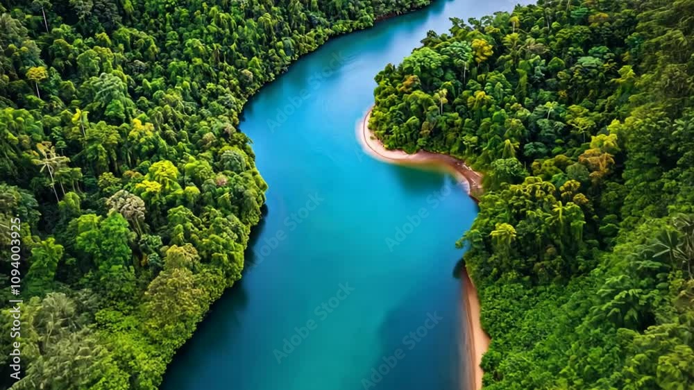 Top view of a pristine river cutting through a dense tropical jungle, bright and serene. Top view of a pristine river cutting through a dense tropical jungle, bright and serene.