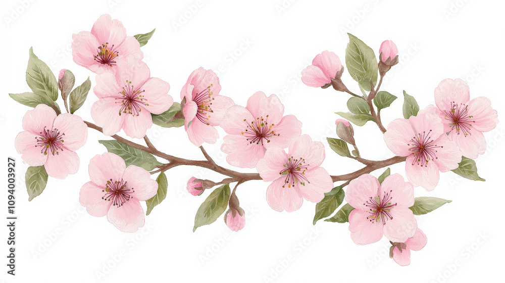 Delicate cherry blossom branch with pastel pink flowers and green leaves, creating serene and beautiful floral arrangement