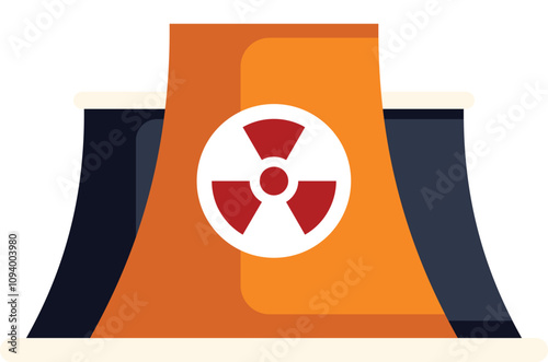 Nuclear power plant cooling tower emitting harmful radiation symbol, radioactive waste, pollution concept