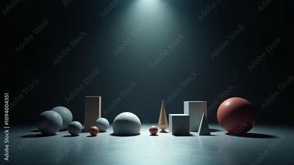 A collection of geometric shapes, including spheres, cubes, pyramids, and a house-like form, arranged under a dramatic spotlight, symbolizing design, balance, and abstract concepts. A collection of geometric shapes, including spheres, cubes, pyramids, and a house-like form, arranged under a dramatic spotlight, symbolizing design, balance, and abstract concepts.
