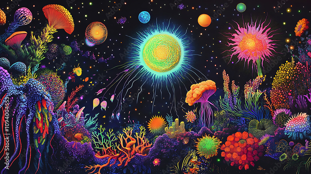 A vibrant, surreal cosmic landscape filled with colorful celestial bodies and alien flora. A vibrant, surreal cosmic landscape filled with colorful celestial bodies and alien flora.