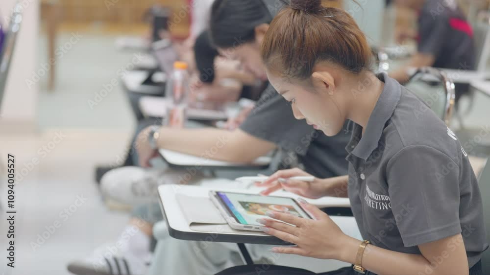A woman is sitting at a desk with a tablet in front of her. She is typing on the tablet and she is focused on her work. The other people in the room are also working on their own tasks A woman is sitting at a desk with a tablet in front of her. She is typing on the tablet and she is focused on her work. The other people in the room are also working on their own tasks