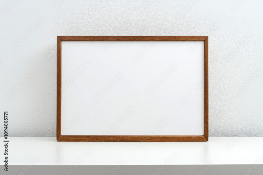 A white vase with flowers sits on a table next to a white framed picture. A white vase with flowers sits on a table next to a white framed picture.