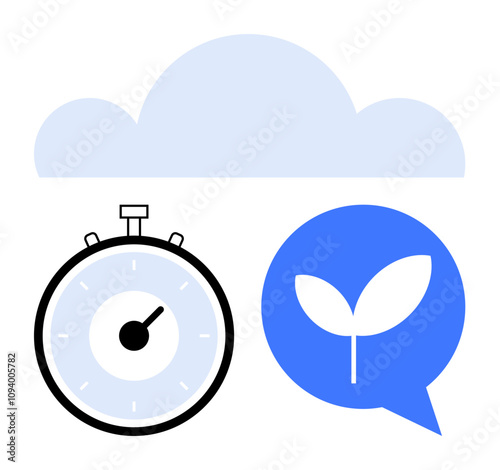 Stopwatch cloud, leaf speech bubble symbolize time management, growth, sustainability, digital connectivity. Ideal for productivity, environmental consciousness, communication, cloud technology