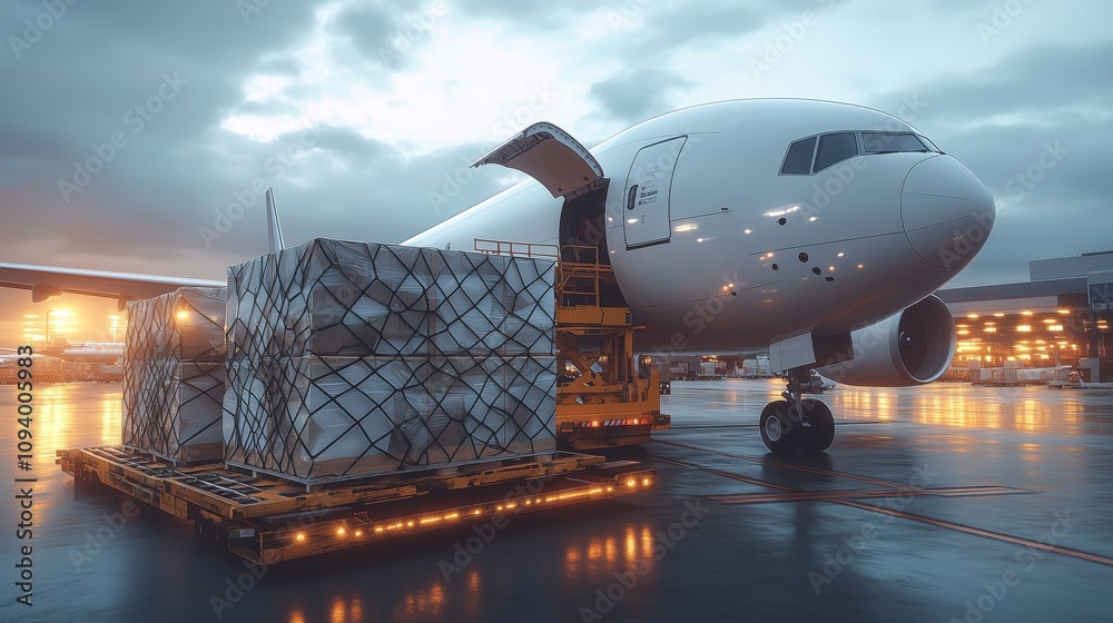 A cargo plane is being loaded with freight containers during a cloudy evening, showcasing logistics and transportation. A cargo plane is being loaded with freight containers during a cloudy evening, showcasing logistics and transportation.