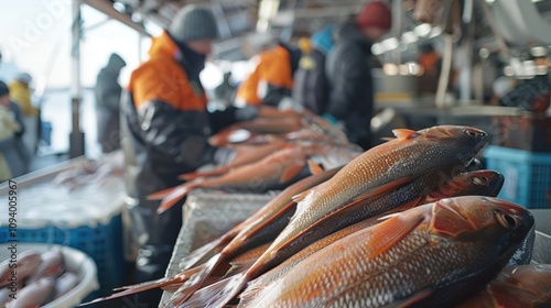 Defocused shot of a bustling weighin station as fishermen bring in their prized catches. photo