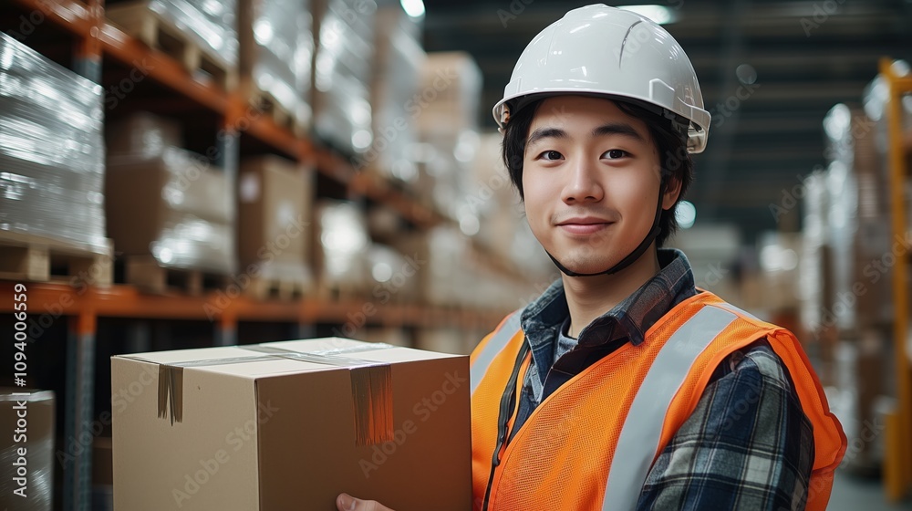 A young warehouse worker in safety gear smiles while holding a box amidst stacked packages, showcasing a busy logistics environment. A young warehouse worker in safety gear smiles while holding a box amidst stacked packages, showcasing a busy logistics environment.