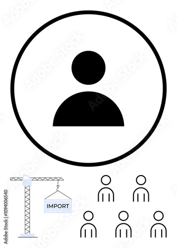 Central user icon in a large circle with a crane lifting import sign and five smaller user icons below. Ideal for user management, data import, account creation, technology, database, software