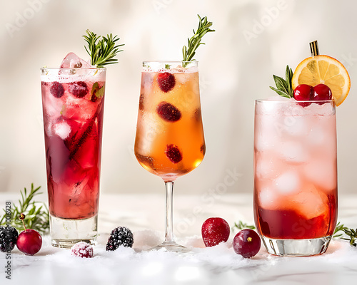 Festive holiday cocktails with cranberries, citrus, and rosemary garnishes on a white marble table. photo