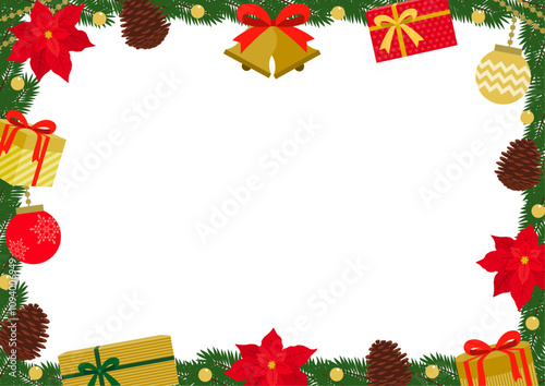 ベルやポインセチアで飾りつけたクリスマスリースのフレームイラスト
