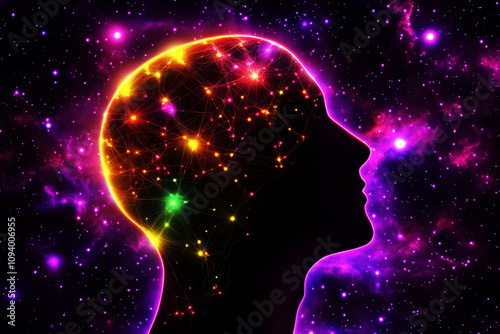 Silhouette of a head with a network of glowing neural connections against a cosmic background. Ideal for concepts of neuroscience, artificial intelligence, and futuristic technology.