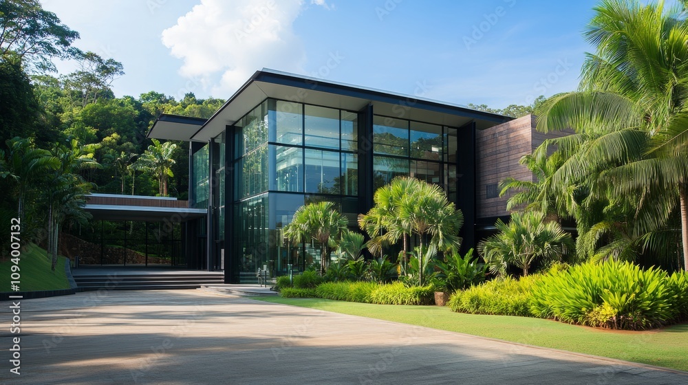 Modern glass building surrounded by lush greenery and palm trees, showcasing contemporary architecture. Modern glass building surrounded by lush greenery and palm trees, showcasing contemporary architecture.