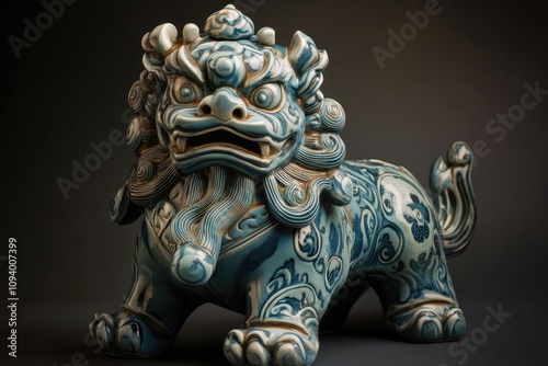 Blue and white ceramic Foo Dog statue.