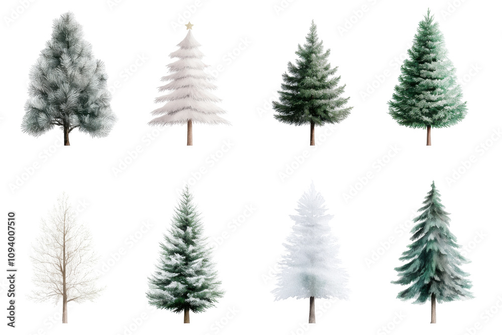 Obraz premium A collection of watercolor Christmas trees displays diverse styles, including frosted and white trees, perfect for seasonal decorations and designs