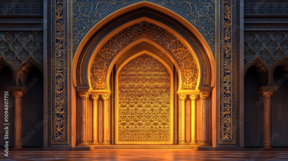 Elaborate mosque archway with geometric designs, golden calligraphy, warm lighting Elaborate mosque archway with geometric designs, golden calligraphy, warm lighting