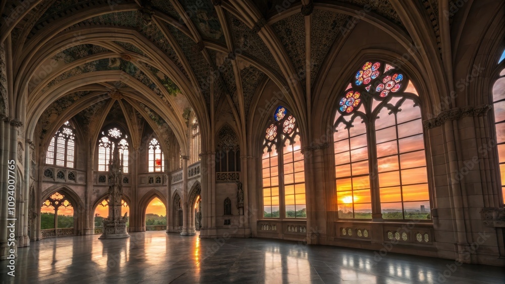 Obraz premium Gothic architectural interior with towering spires and sunset view