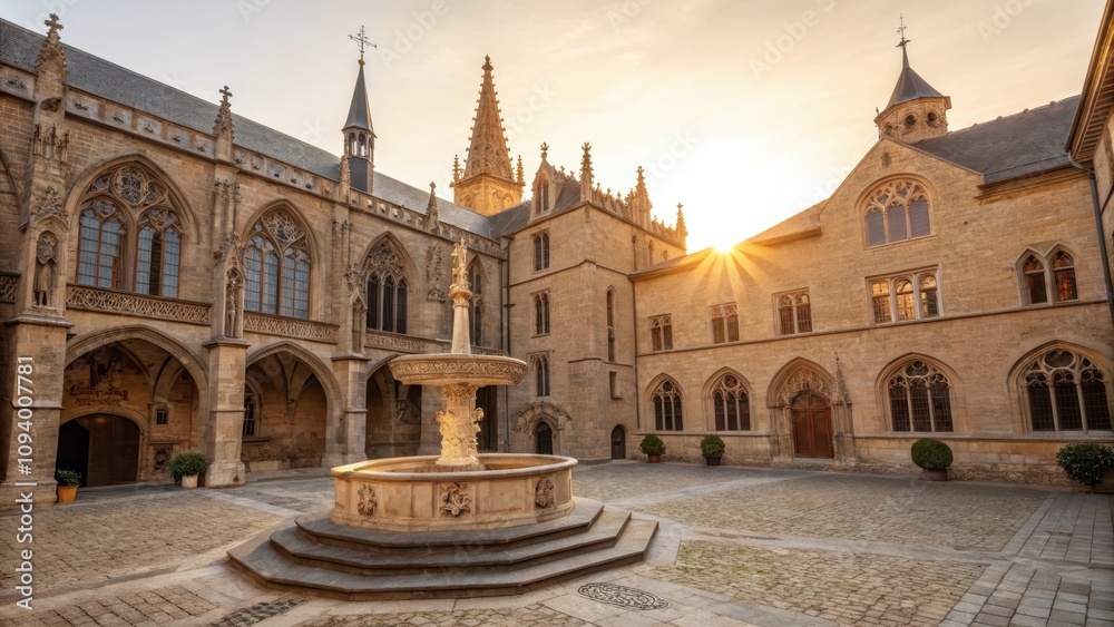 Fototapeta premium Gothic Bishop's Palace with Towering Spires and Courtyard Fountain