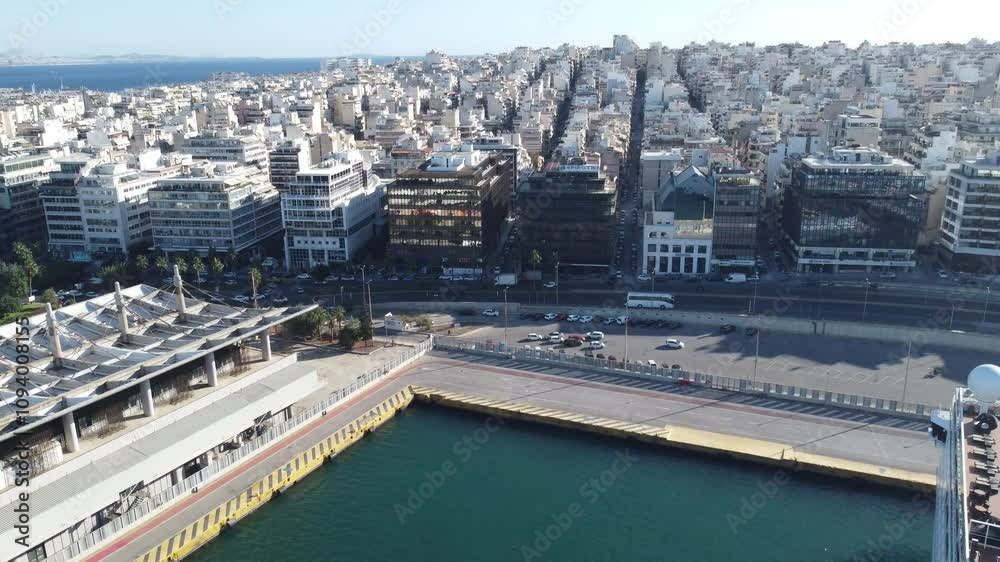 Visão aérea em vídeo 4K da região portuária de Atenas, Grécia, capturada por drone. A imagem destaca o porto, com embarcações, movimentação e a vista panorâmica da cidade ao fundo