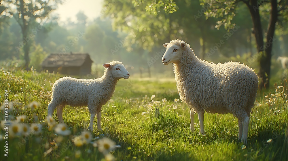 Sheep and Lamb Grazing Peacefully in Sunny Meadow, Idyllic Rural Scene of Tranquility, Calm Pastoral Life. Sheep and Lamb Grazing Peacefully in Sunny Meadow, Idyllic Rural Scene of Tranquility, Calm Pastoral Life.