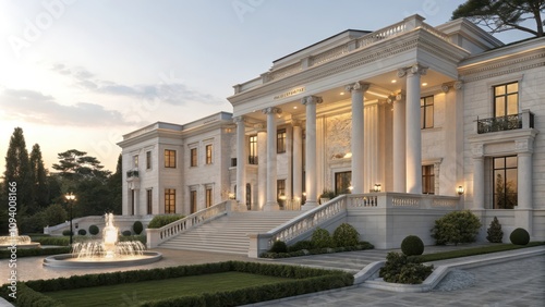 Neoclassical official residence with tall white columns and fountains