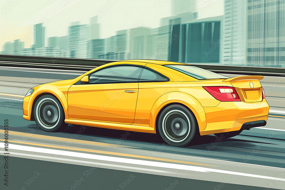 A vibrant yellow sports car speeding through a cityscape. A vibrant yellow sports car speeding through a cityscape.