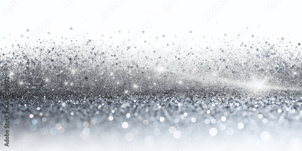 Sparkling Silver Dust Falling on White Background with Copy Space for Creative Text and Visuals, Perfect for Festive Themes or Elegant Designs Sparkling Silver Dust Falling on White Background with Copy Space for Creative Text and Visuals, Perfect for Festive Themes or Elegant Designs