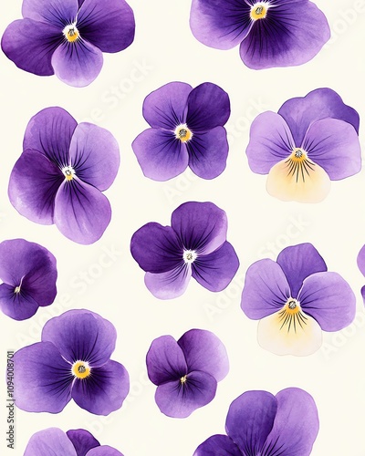 A Seamless Pattern Vibrant purple pansy flowers arranged beautifully on a soft background.