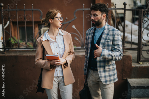 Two business people engage in conversation outside. They are smartly dressed, conveying a collaborative and professional atmosphere ideal for discussing work projects or sharing ideas. photo