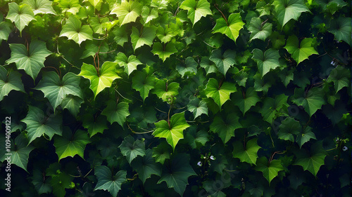 Dense foliage of overlapping green ivy leaves in intricate patterns | lush greenery photo