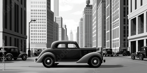 Monochrome retro and depth concept. Vintage cityscape with classic cars in black and white tones