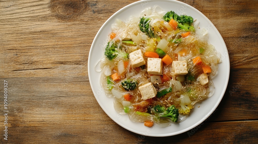 Colorful Vegetable and Tofu Stir-Fry with Clear Noodles Served on a Rustic Wooden Background for Health-Conscious Meal Inspiration Colorful Vegetable and Tofu Stir-Fry with Clear Noodles Served on a Rustic Wooden Background for Health-Conscious Meal Inspiration