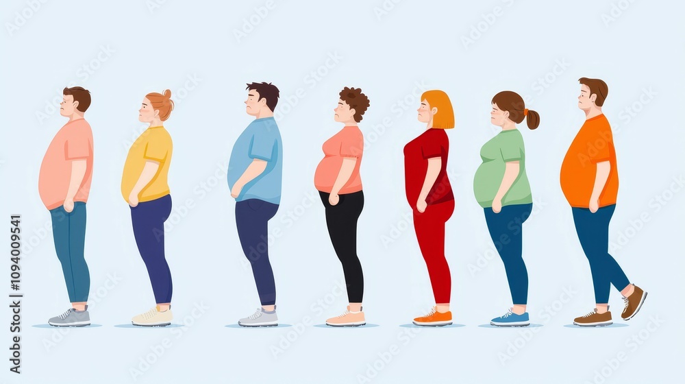 Chronic Sedentary concept, The image shows a lineup of diverse individuals at different body sizes and shapes, illustrating various stages of weight and health. Chronic Sedentary concept, The image shows a lineup of diverse individuals at different body sizes and shapes, illustrating various stages of weight and health.