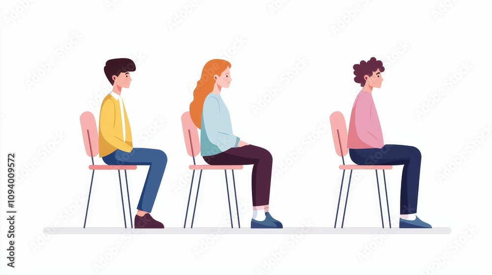 Chronic Sedentary concept, Three people sit on chairs, facing forward, each with distinct hairstyles and outfits, representing a moment of contemplation or waiting.