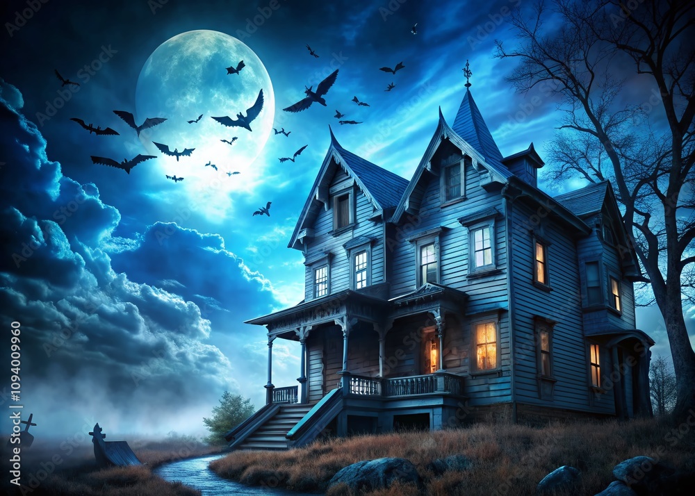 Spooky Haunted House Under a Moonlit Sky with Ghostly Figures and Flying Bats in Long Exposure, Evoking a Mysterious and Eerie Atmosphere on a Blue Night Spooky Haunted House Under a Moonlit Sky with Ghostly Figures and Flying Bats in Long Exposure, Evoking a Mysterious and Eerie Atmosphere on a Blue Night