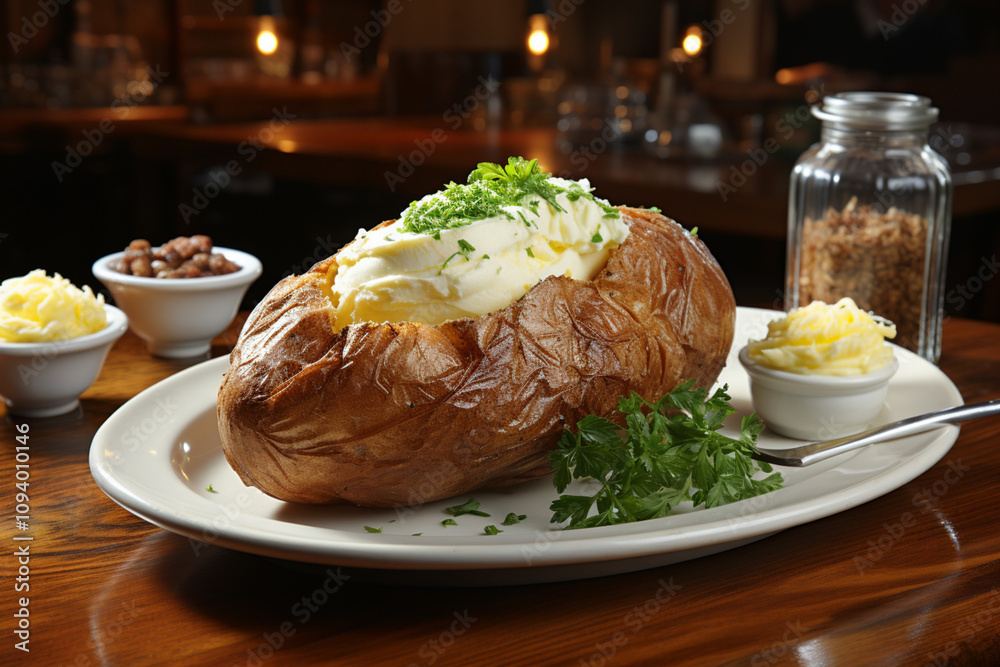 baked potatoes with butter and sauce on a plate. baked potatoes with butter and sauce on a plate.