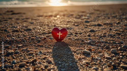 Red heart with wooden Christian cross on gravel floor in morning light, beach sea as background. Jesus love you. Faith hope believe in God. Believe in salvation. Christianity background concept., ai