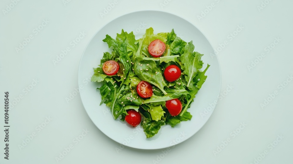 Fresh Green Salad with Cherry Tomatoes on a White Plate Showcasing Vibrant Colors and Healthy Ingredients for Culinary and Food Photography Fresh Green Salad with Cherry Tomatoes on a White Plate Showcasing Vibrant Colors and Healthy Ingredients for Culinary and Food Photography