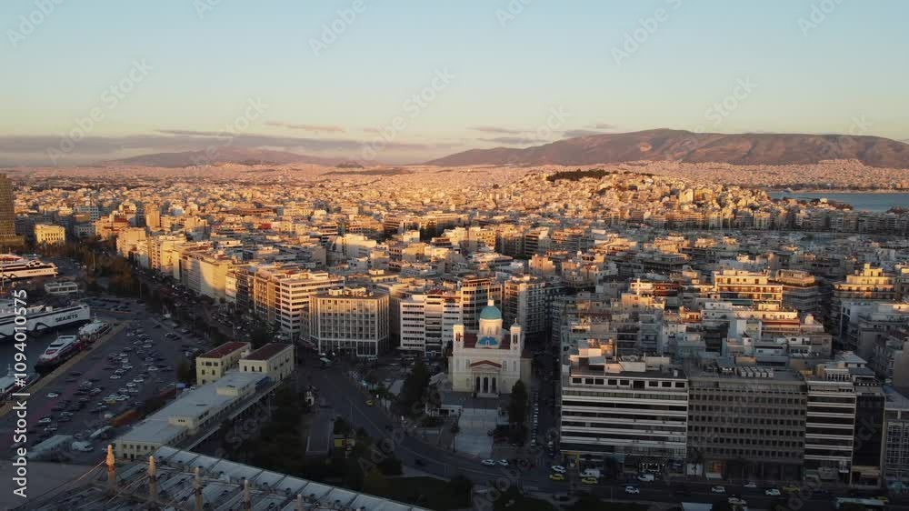 Visão aérea do centro urbano de Atenas, Grécia, no fim do dia, capturando o pôr do sol e a paisagem urbana iluminada pela luz dourada. A cidade histórica é banhada pela luz do entardecer Visão aérea do centro urbano de Atenas, Grécia, no fim do dia, capturando o pôr do sol e a paisagem urbana iluminada pela luz dourada. A cidade histórica é banhada pela luz do entardecer