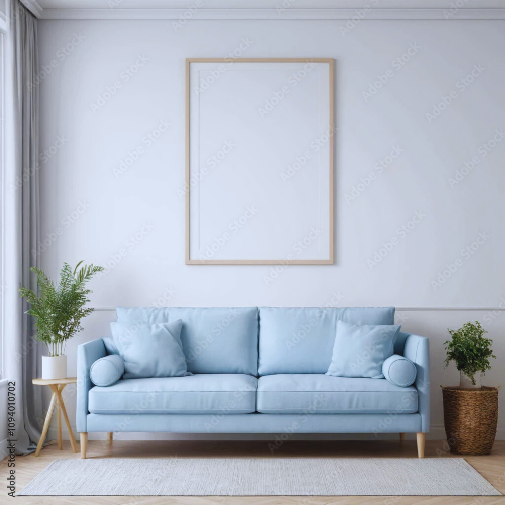 Mock up frame in home interior background, beige room with minimal decor, 3d render.