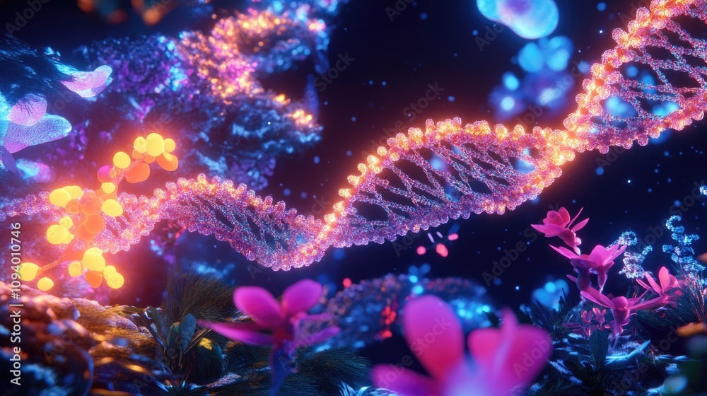 Vibrant and Colorful Visualization of DNA Structure Surrounded by Bioluminescent Flora and Ambient Light in a Mystical Underwater Environment Vibrant and Colorful Visualization of DNA Structure Surrounded by Bioluminescent Flora and Ambient Light in a Mystical Underwater Environment