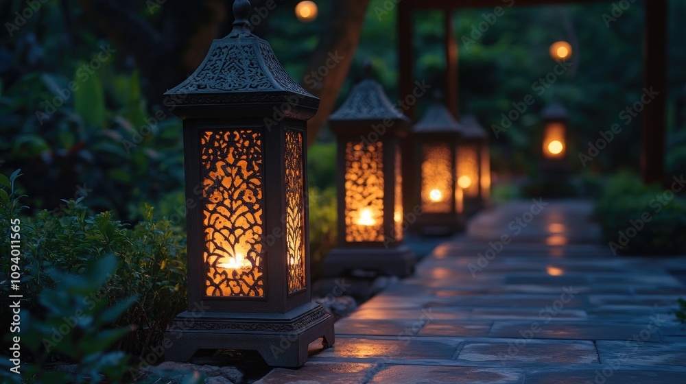 Fototapeta premium Decorative Lanterns in a Serene Garden Pathway Illuminating a Peaceful Evening Atmosphere with Soft Warm Light and Lush Greenery Surrounding the Walkway