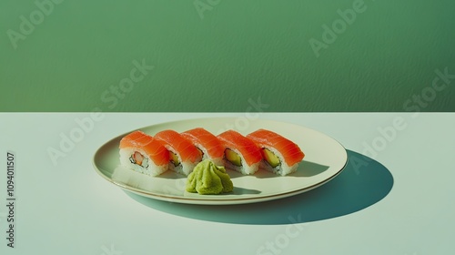 Fresh and Colorful Sushi Rolls Served on a Minimalist Plate with Wasabi, Highlighting Japanese Cuisine and Culinary Art in an Aesthetic Setting photo