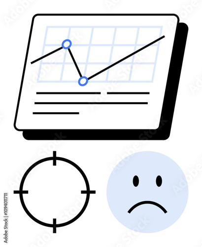 Business chart showing upward trend, target focus icon, and sad face indicating missed goals. Ideal for presentations, reports, analysis, strategy planning, and progress tracking. Line metaphor