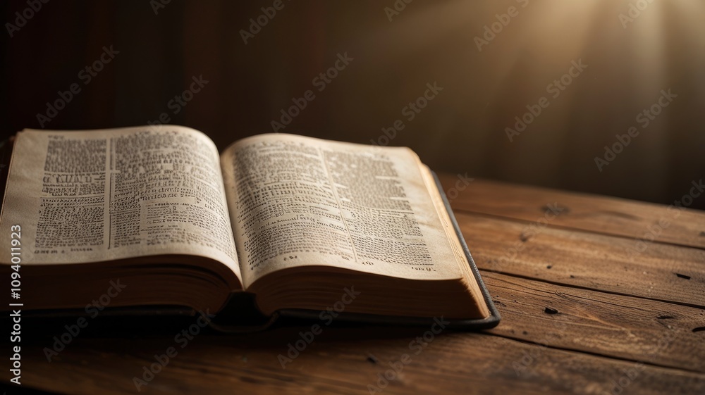 Open Bible on a wood table with light coming from above. ( Church concept. ai Open Bible on a wood table with light coming from above. ( Church concept. ai