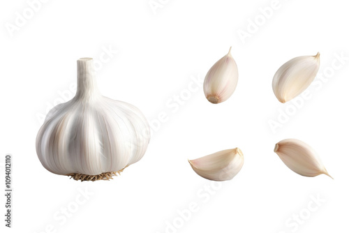 A fresh garlic bulb sits alongside peeled cloves, showcasing their smooth, white texture. This arrangement highlights garlic's culinary and health benefits for cooking and seasoning photo