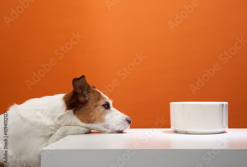 Photography A Jack Russell Terrier rests its head on a table, eyeing a food bowl with interest